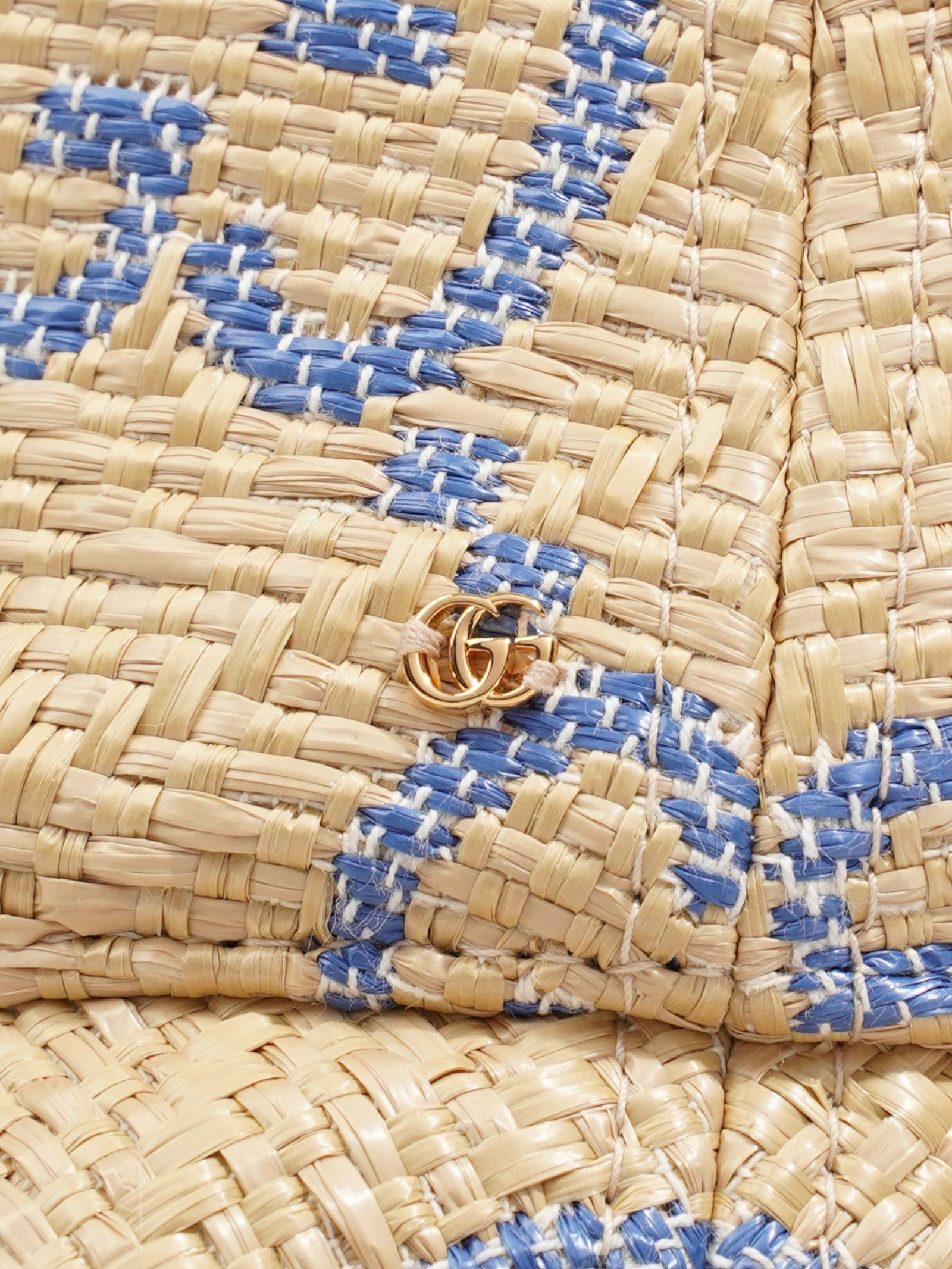 Gucci GG Raffia Effect Bucket Hat Natural / Blue Polyamide Large | AlmaBagz