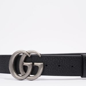 Gucci Double G Silver Buckle Belt Black Grained Leather 90cm 36" | AlmaBagz