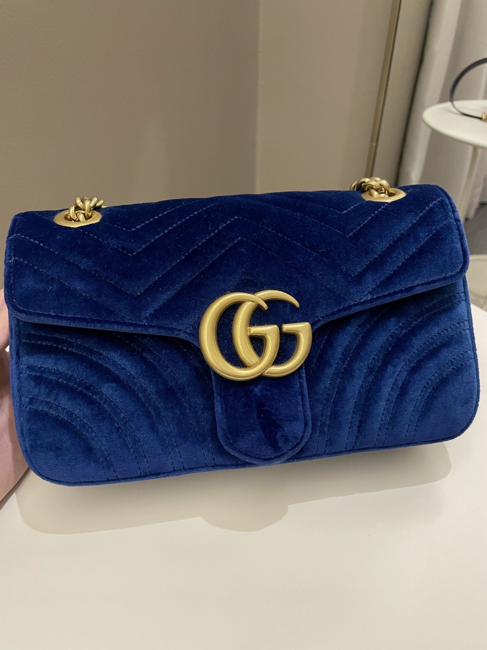 Gucci Marmont Flap Bag Dark Blue Velvet | AlmaBagz