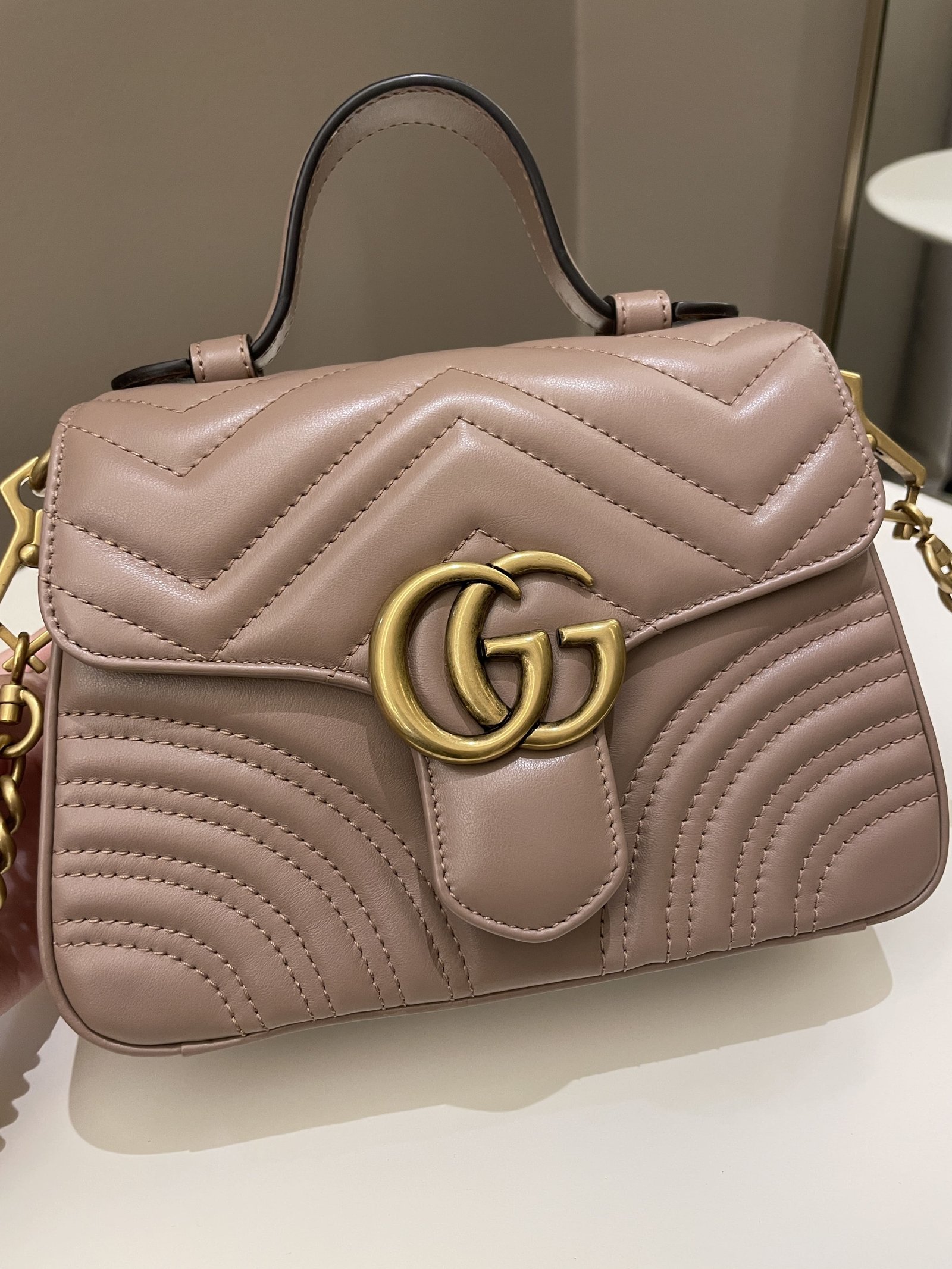 Gucci GG Marmont Mini Top Handle Bag Dark Nude | AlmaBagz