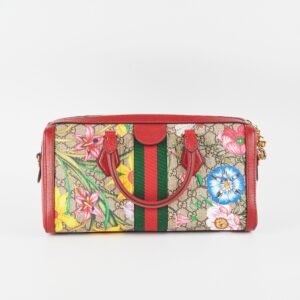 Gucci Red/Beige GG Supreme Flora Medium Ophidia Boston Bag | AlmaBagz