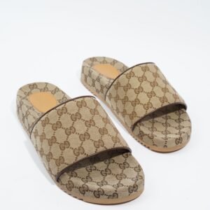 Gucci Sideline GG Slides Beige / Brown Logo Print Canvas EU 45 UK 11 | AlmaBagz