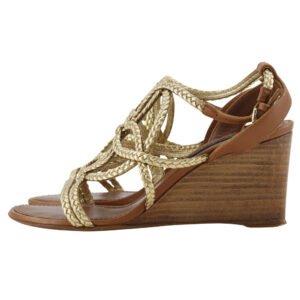 LOUIS VUITTON Sandals Leather, Wood gold Wedge sole Women 34 1/2 Used | AlmaBagz