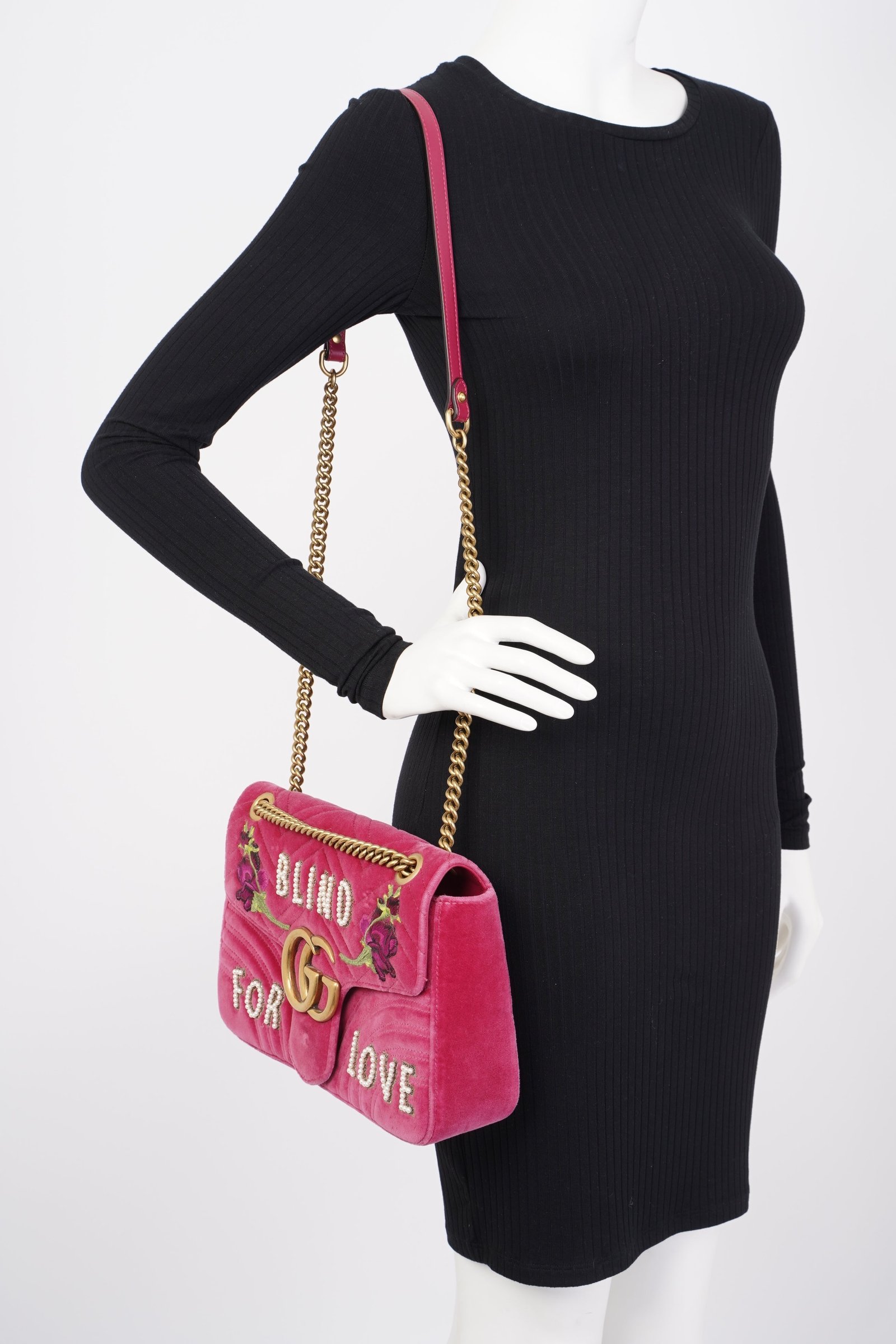 Gucci GG Marmont Blind For Love Pink Embroided Velvet Medium | AlmaBagz