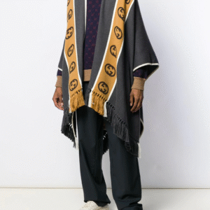 Gucci Wool Poncho with Interlocking G Stripe in Gray | AlmaBagz