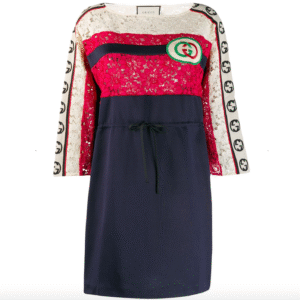 Gucci GG Floral Lace Logo Stripe Dress in Blue | AlmaBagz