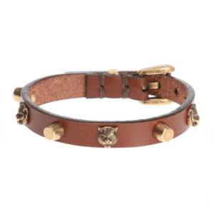 Gucci Studded Feline Head Leather Bracelet in Brown | AlmaBagz