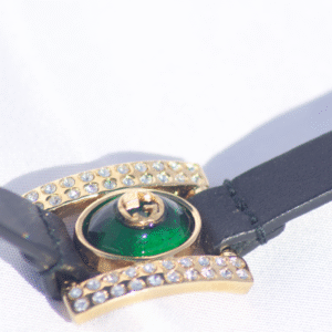 Gucci Interlocking G Double Wrap Leather Bracelet with Green Gem in Black | AlmaBagz