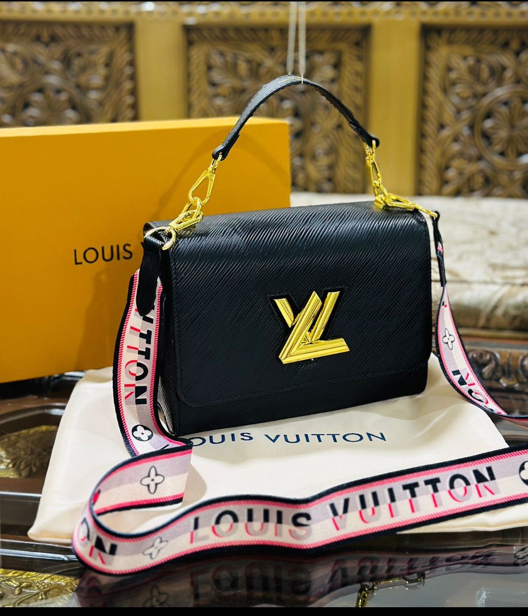 Louis Vuitton New Logo Edition Women's Crossbody Bag with Stylish Long Chain (Black 2) | AlmaBagz