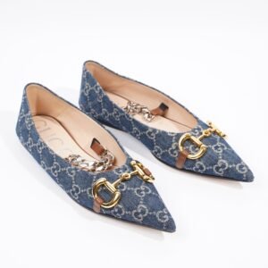 Gucci Ballerina GG Pump Blue / Gold Denim EU 37.5 UK 4.5 | AlmaBagz