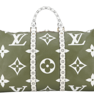 LOUIS VUITTON KEEPALL BANDOULIERE 50 (M44590) KHAKI BEIGE GIANT MONOGRAM GOLD HARDWARE WITH STRAPS, PADLOCK, KEYS, DUST COVER AND BOX | AlmaBagz