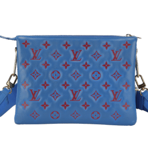LOUIS VUITTON COUSSIN CROSSBODY BAG PM BLUE & RED EMBOSSED LAMBSKIN GOLD HARDWARE MICROCHIP WITH DUST COVER AND BOX | AlmaBagz