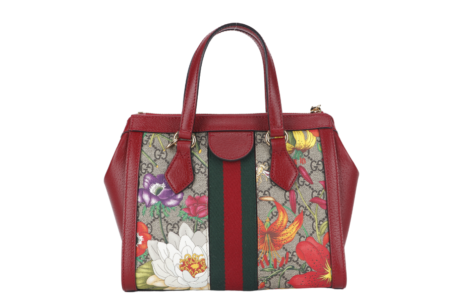 GUCCI GG FLORA WEB 2WAY BAG (547551 525040) SMALL RED LEATHER GOLD HARDWARE WITH STRAP AND DUST COVER | AlmaBagz