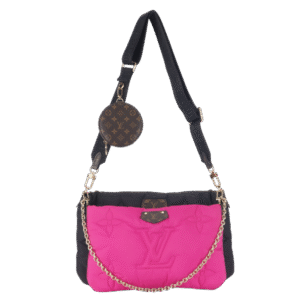 LOUIS VUITTON MAXI MULTI POCHETTE (M58980) BLACK AND FUCHSIA NYLON PILLOW MONOGRAM WITH GOLD CHAIN , STRAP WITH DUST COVER | AlmaBagz