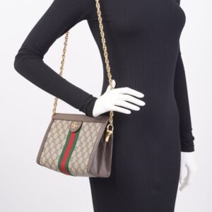 Gucci Ophidia GG Chain Shoulder Bag Supreme / Green / Red Coated Canvas Small | AlmaBagz