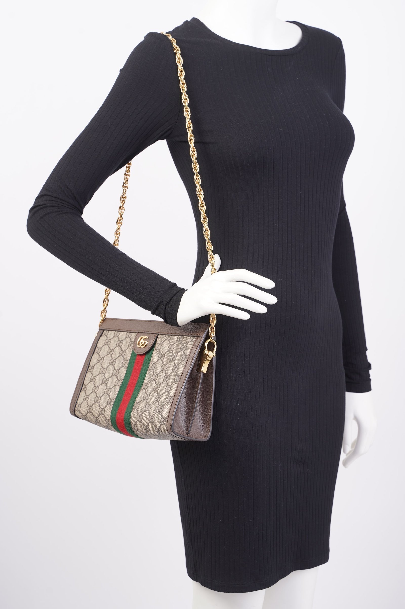 Gucci Ophidia GG Chain Shoulder Bag Supreme / Green / Red Coated Canvas Small | AlmaBagz