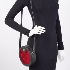 Gucci GG Round Shoulder Bag Black / Burgundy Velvet | AlmaBagz