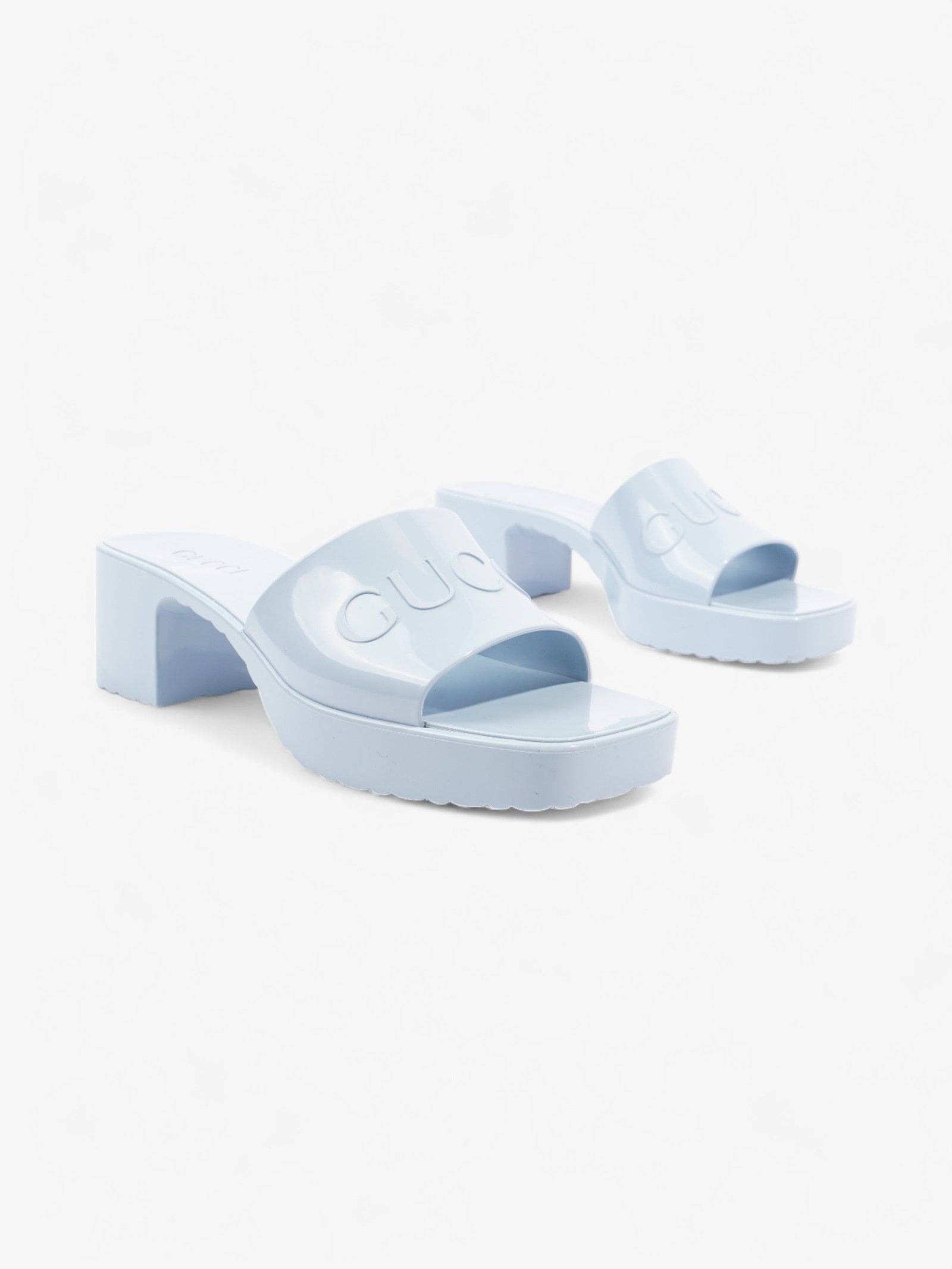 Gucci Logo Platform Slide Sandal 50mm Light Blue Rubber EU 37 UK 4 | AlmaBagz