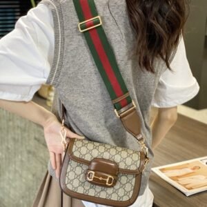 GUCCI Horsebit Mini Women's Bag in Blue and Beige GG Supreme Canvas (Brown) | AlmaBagz