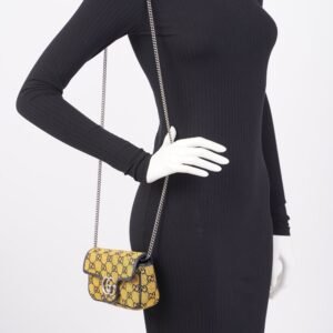 Gucci GG Marmont Flap Bag Yellow / Navy Canvas Super Mini | AlmaBagz