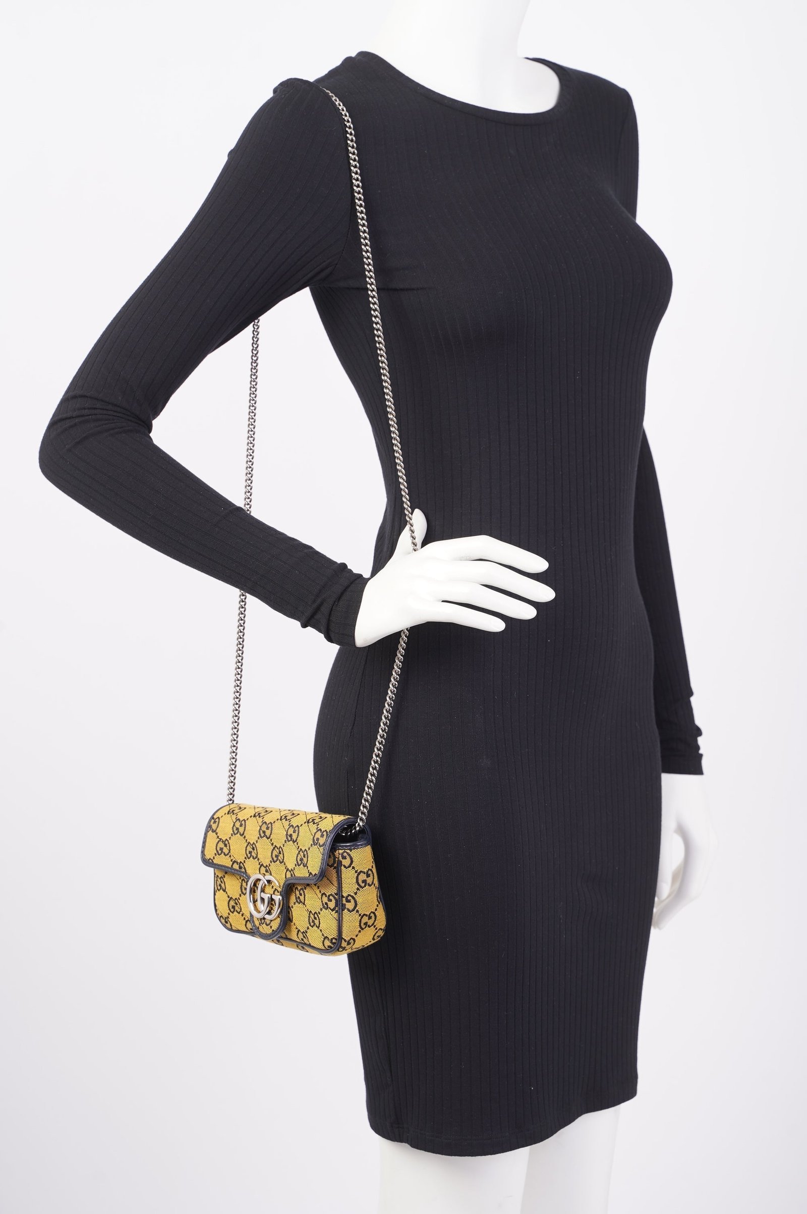 Gucci GG Marmont Flap Bag Yellow / Navy Canvas Super Mini | AlmaBagz