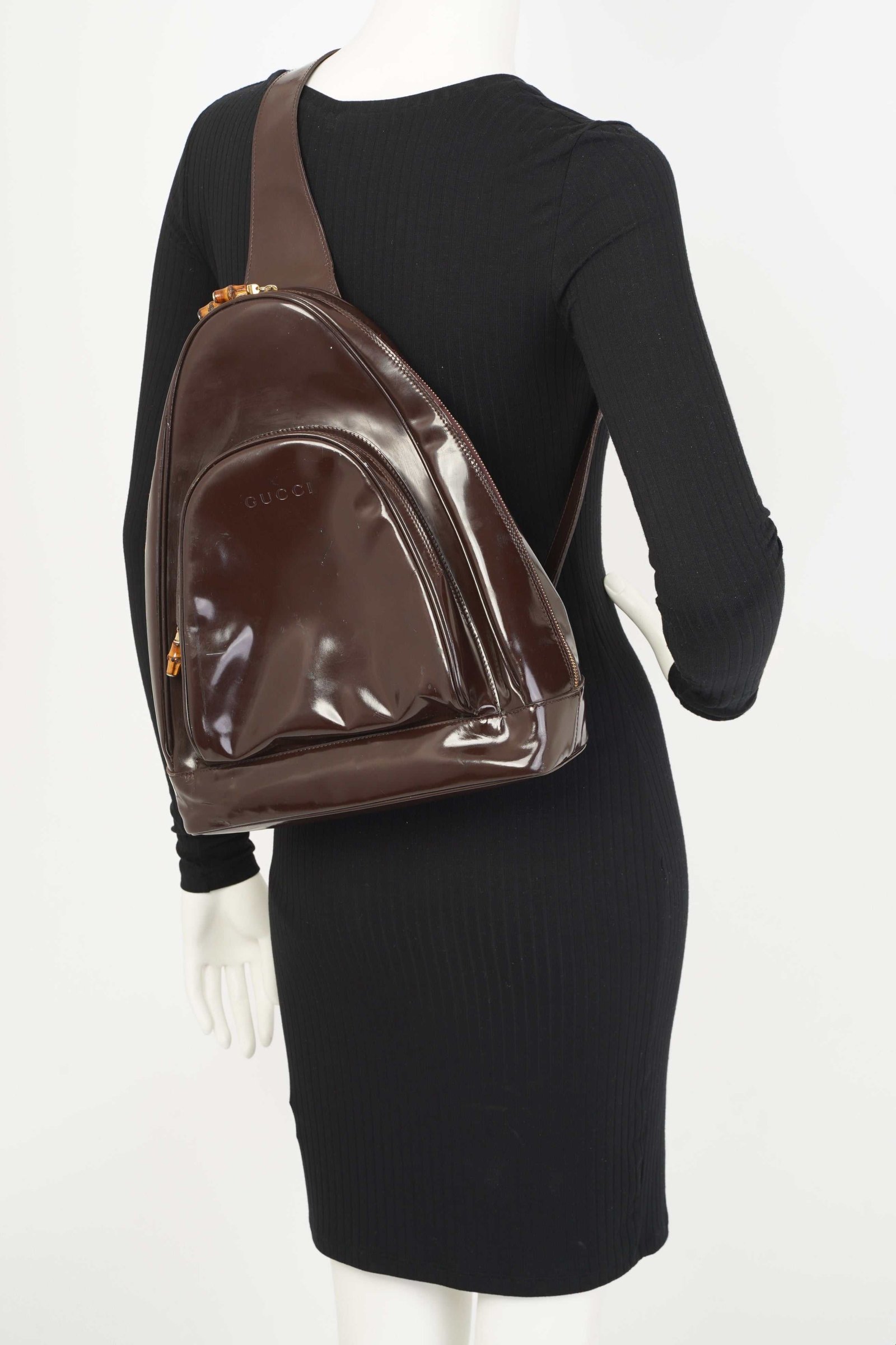 Gucci Bamboo Sling Bag Brown Patent Leather | AlmaBagz