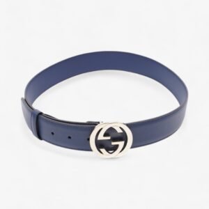 Gucci Interlocking G Belt Navy Blue / Gold Leather 80cm / 32" | AlmaBagz
