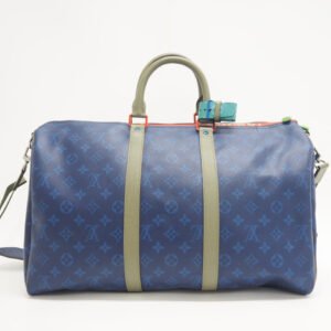 LOUIS VUITTON Boston Duffel bag M43855 leather blue monogram pacific Keepall  bandouliere45 | AlmaBagz