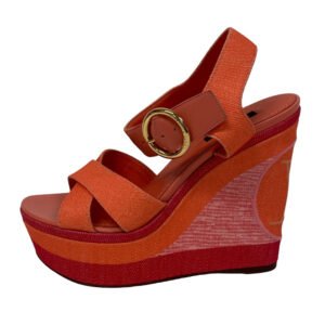 LOUIS VUITTON Sandals MA1115 Leather, Fabric pink Wedge sandals 15 years LV circle logo Women 37 1/2 Used | AlmaBagz