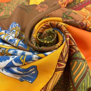 HERMES scarf silk Orange Carre90 art des steppes | AlmaBagz