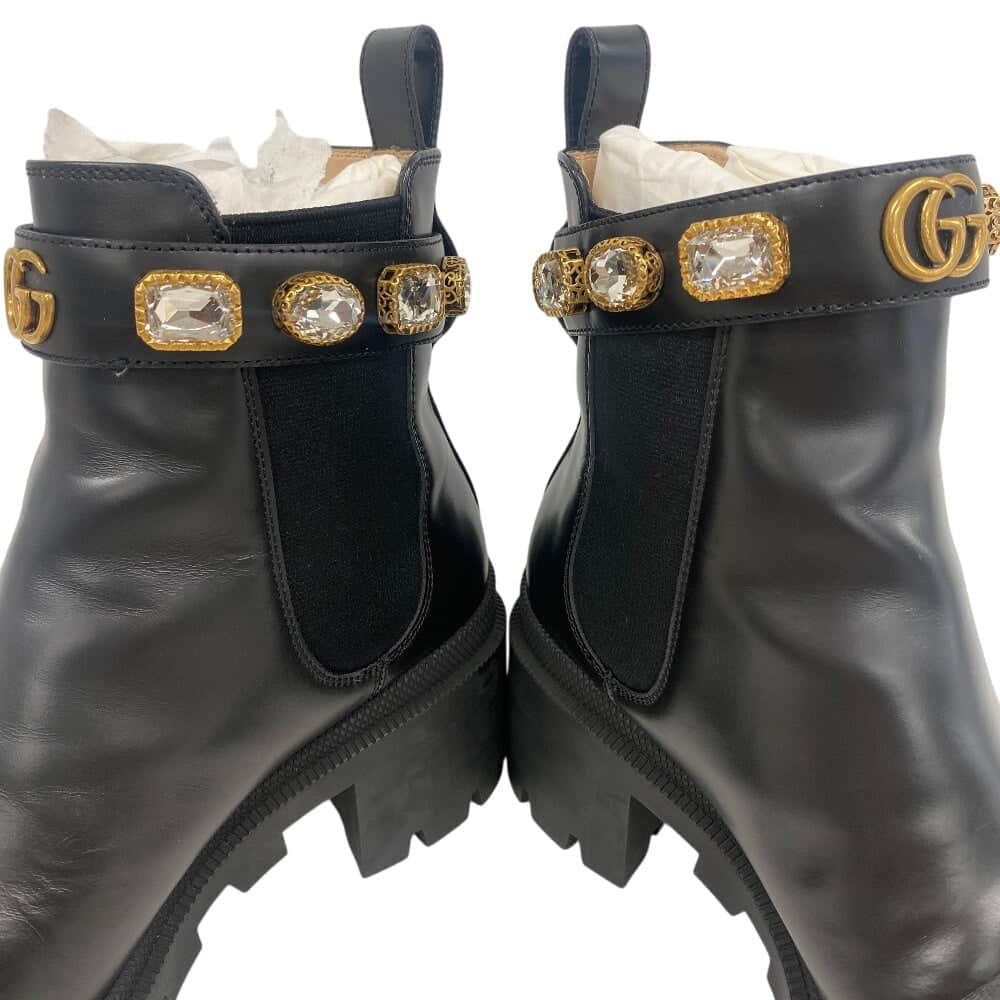 GUCCI boots 550036 leather black GG Marmont Velcro Strap Jewel 37 | AlmaBagz