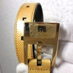 Gucci tan lizard leather belt w engraved chrome buckle | AlmaBagz