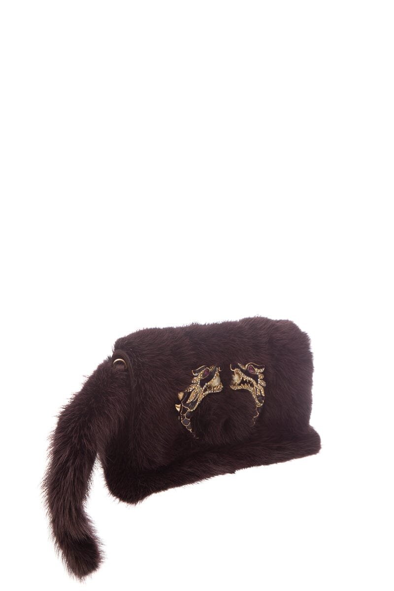 Gucci F/W 2004 By Tom Ford Burgundy Mink & Crystal Wolf Head Clutch | AlmaBagz