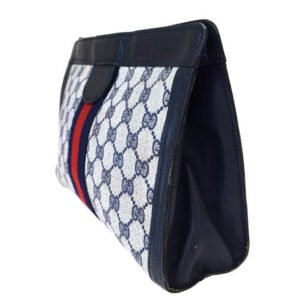 Gucci Navy Guccissima Print Coated Canvas & Navy Leather Clutch with Red & Blue Sherry Stripe & Velcro Closure | AlmaBagz