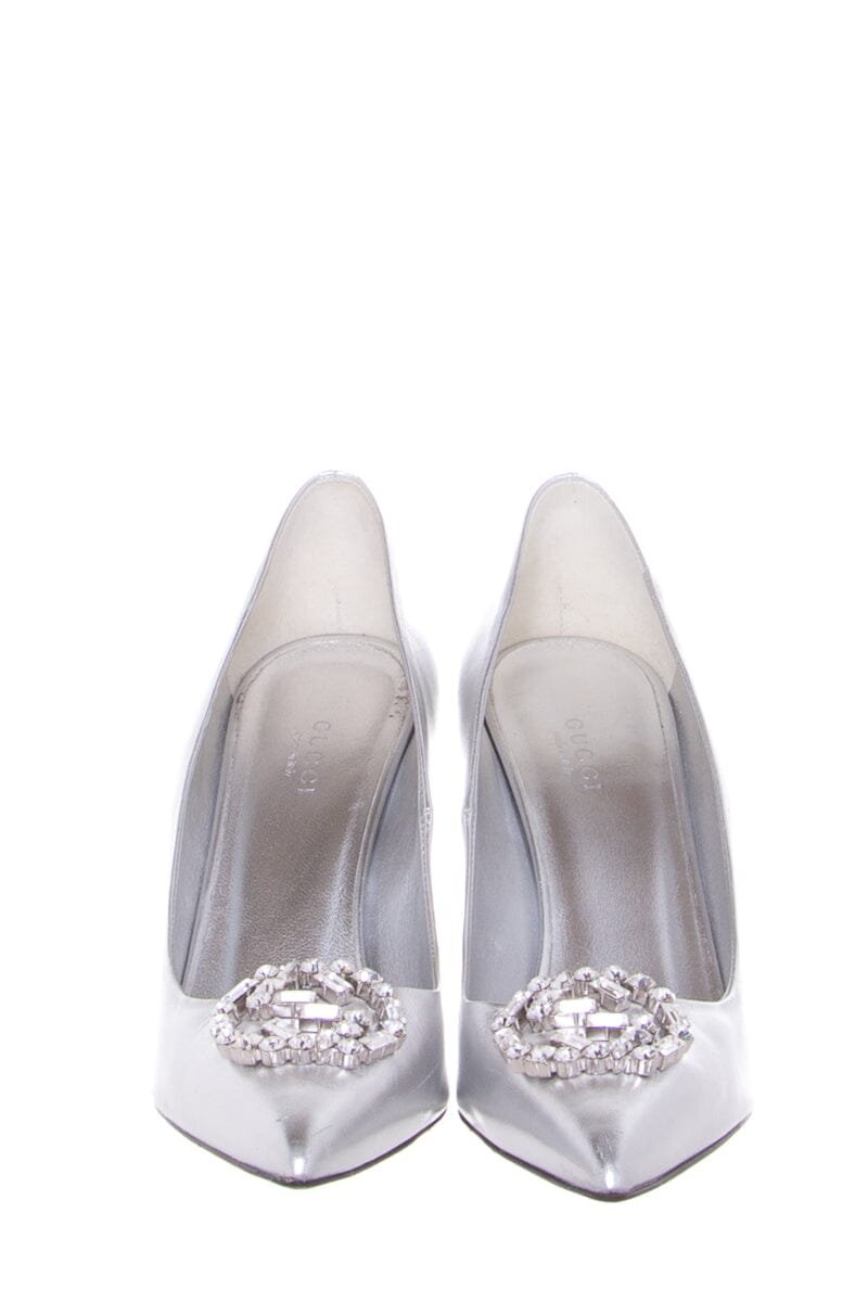 Gucci Metallic Silver Embellished Toe Heels SZ 38.5 | AlmaBagz