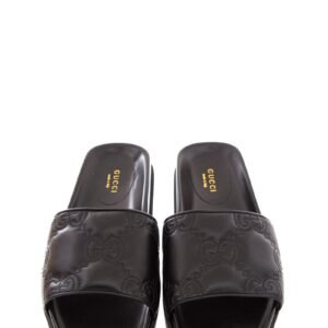 Gucci Black Leather Monogram Slides SZ 37 | AlmaBagz