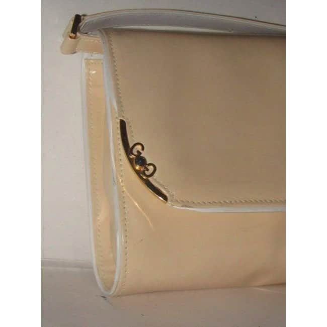 Gucci Clutch Sylvie Vintage Two Way Purse Gold Gg And Accent Buttery Soft Glossy Tan And White Leather | AlmaBagz