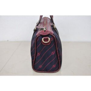 Gucci Navy Canvas w Red Diagonal Logo Print & Burgundy Leather Boston Bag | AlmaBagz