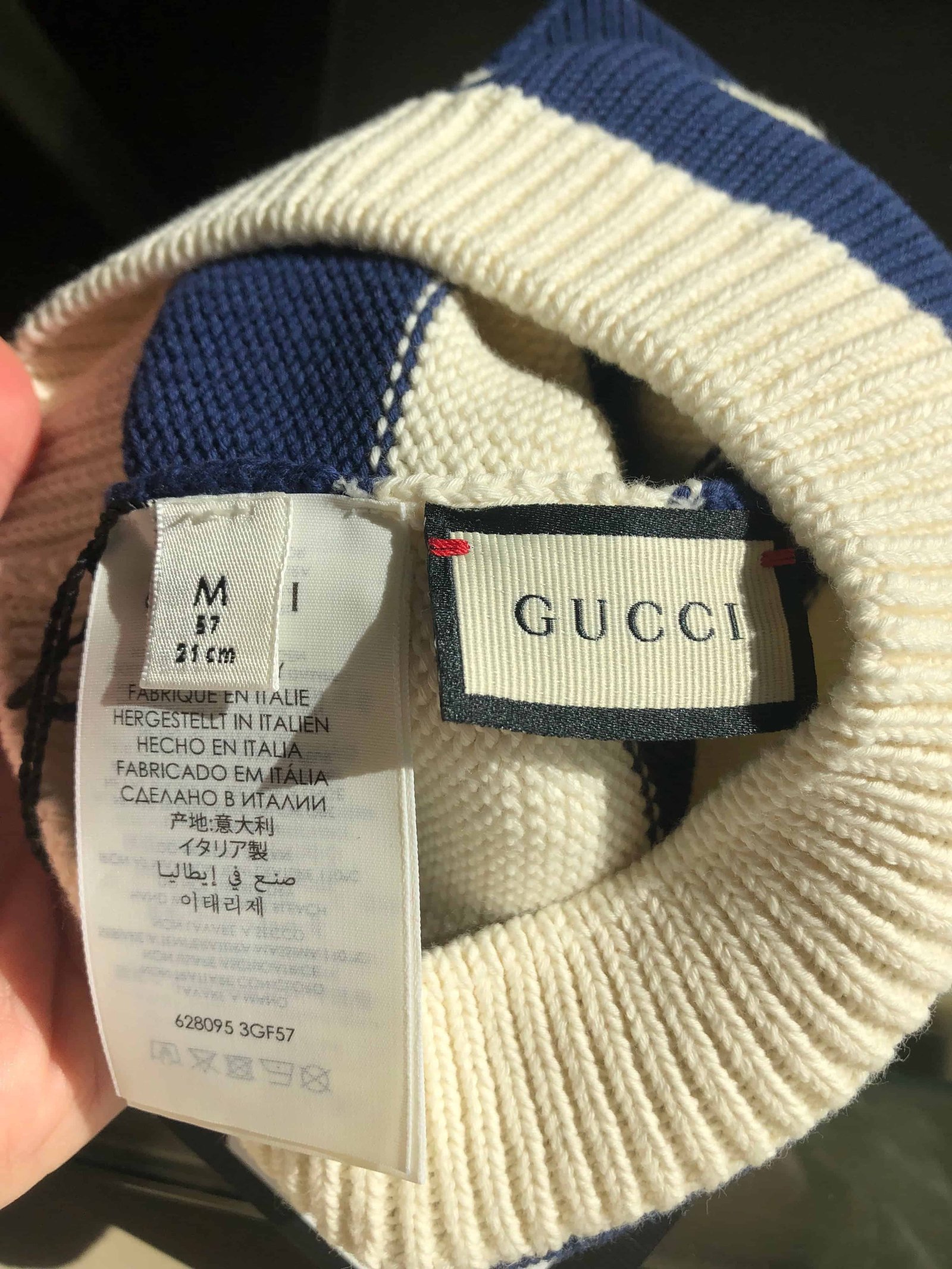 Gucci Blue and White Striped Beanie Hat with Cherry Motif | AlmaBagz