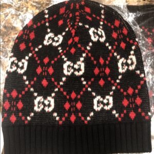 Gucci GG Monogram with Red Diamond Pattern Beanie in Black | AlmaBagz