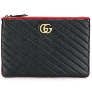 Gucci Calfskin GG Marmont Quilted Leather Pouch in Black with Red Trim | AlmaBagz