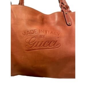 Gucci caramel leather craft XL tote with a python wallet, braided handles, & 'Made in Italy by Gucci' embossed on the front | AlmaBagz