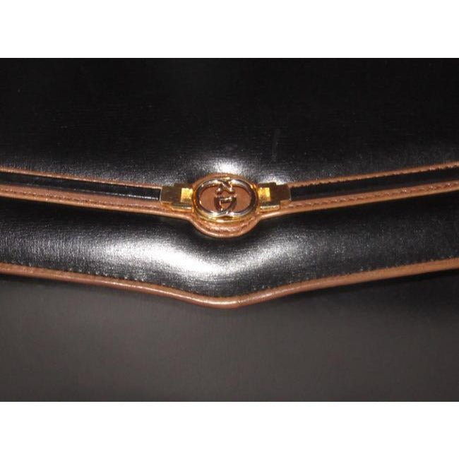 Gucci Vintage Pursesdesigner Purses Glossy Black Leather With Brown Leather Trim And Gold Equestrian | AlmaBagz