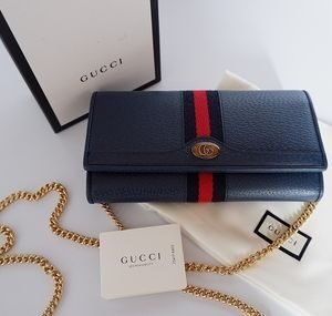 Gucci Ophidia Leather Continental Wallet On Chain in Blue | AlmaBagz