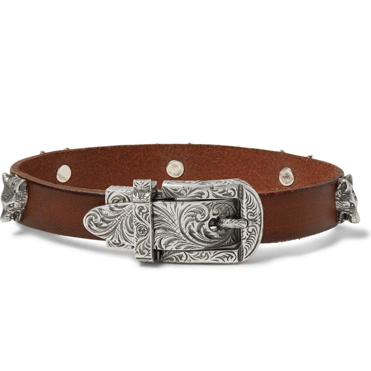 Gucci Anger Forest Wolf Head Leather Bracelet in Brown | AlmaBagz