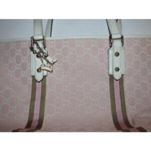 Gucci Vintage Pink And White With Ivy Green Leather Canvas Tote | AlmaBagz