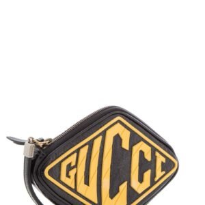 Gucci Black & Yellow Patent Leather Retro Logo Wristlet | AlmaBagz