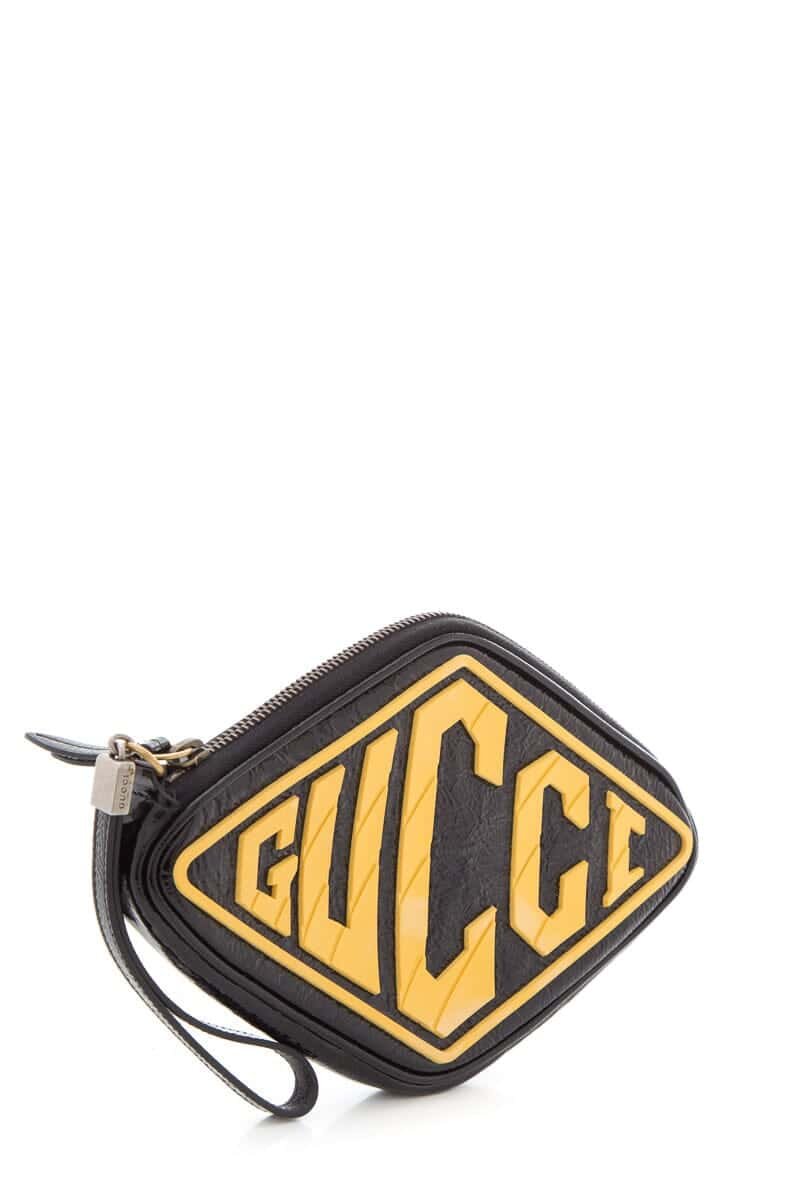 Gucci Black & Yellow Patent Leather Retro Logo Wristlet | AlmaBagz
