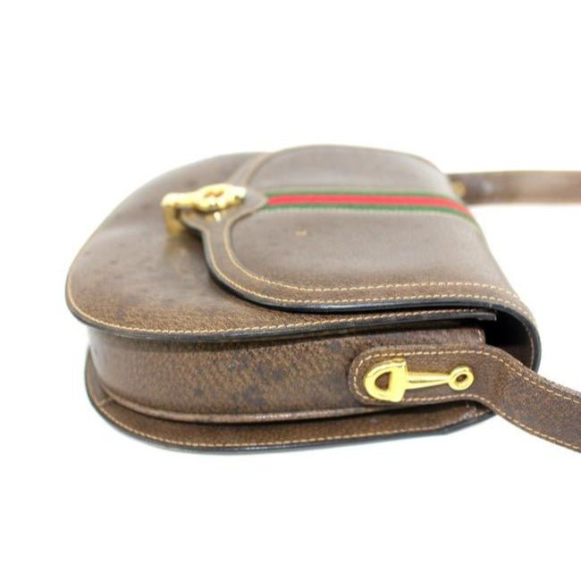 Gucci W Saddle Style Purse Red Green Stripe Brown Leather Shoulder Bag | AlmaBagz