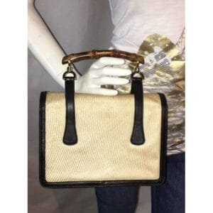 Gucci Box Handle Lunch Black Leather And Ivory Raffia Fabricraffia With Bamboo Satchel | AlmaBagz